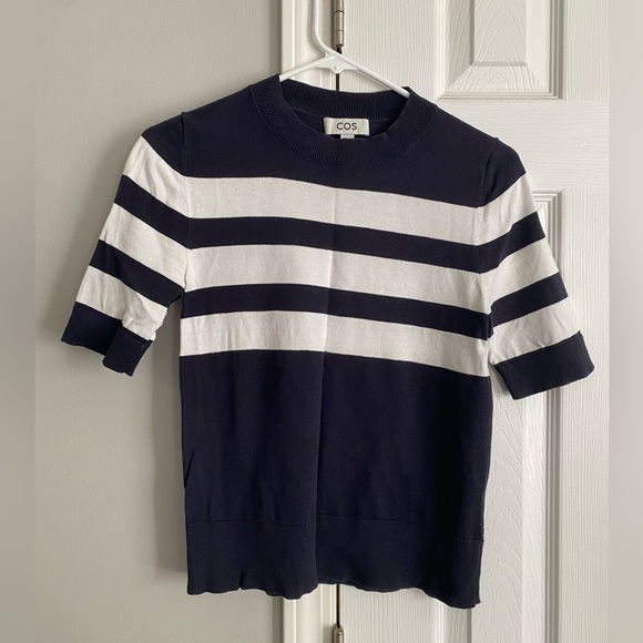 Cos Striped Short Sleeve Navy 100% Cotton Top - Picture 1 of 8